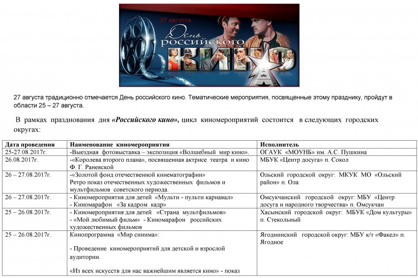 27 августа традиционно отмечается День российского кино. Тематические мероприятия, посвященные этому празднику, пройдут в области 25 – 27 августа.